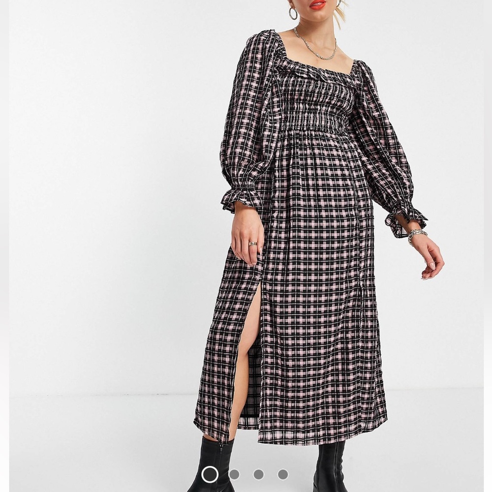 River Island square neck check midi dress